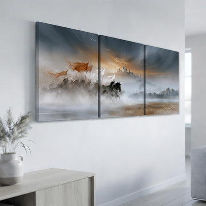 a triptych artwork displayed on a wall, depicting a serene landscape with a castle in the distance and a misty, atmospheric background.