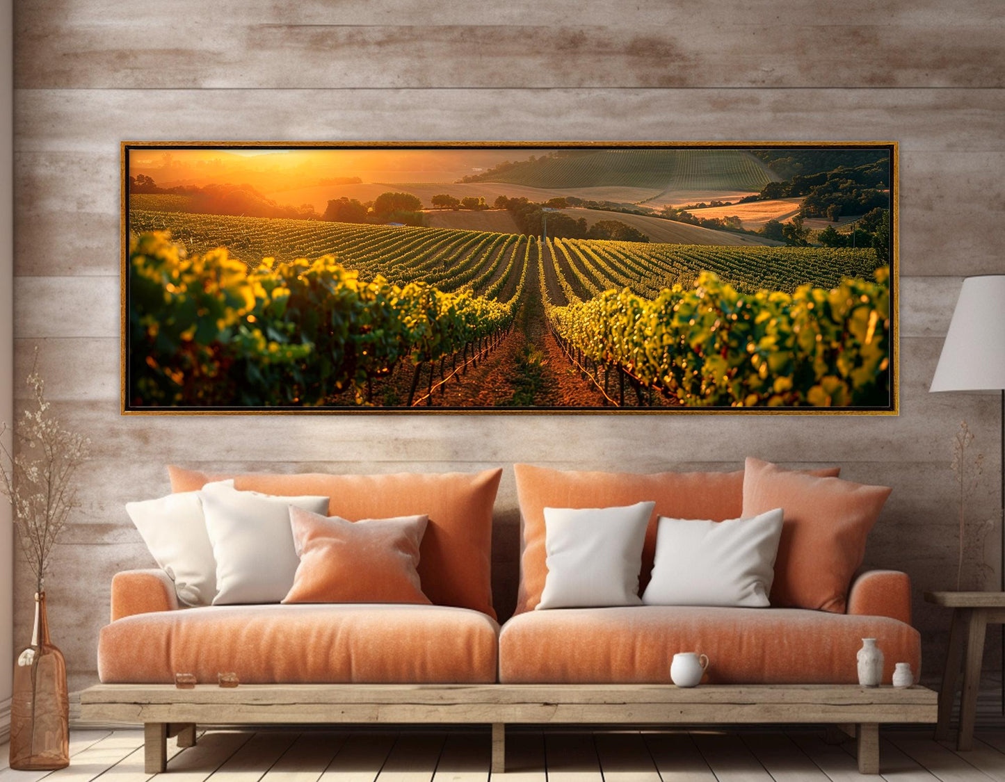 Vineyard Canvas Print – Warm Golden Vineyard Rustic Farmhouse Wall Art, Framed Canvas