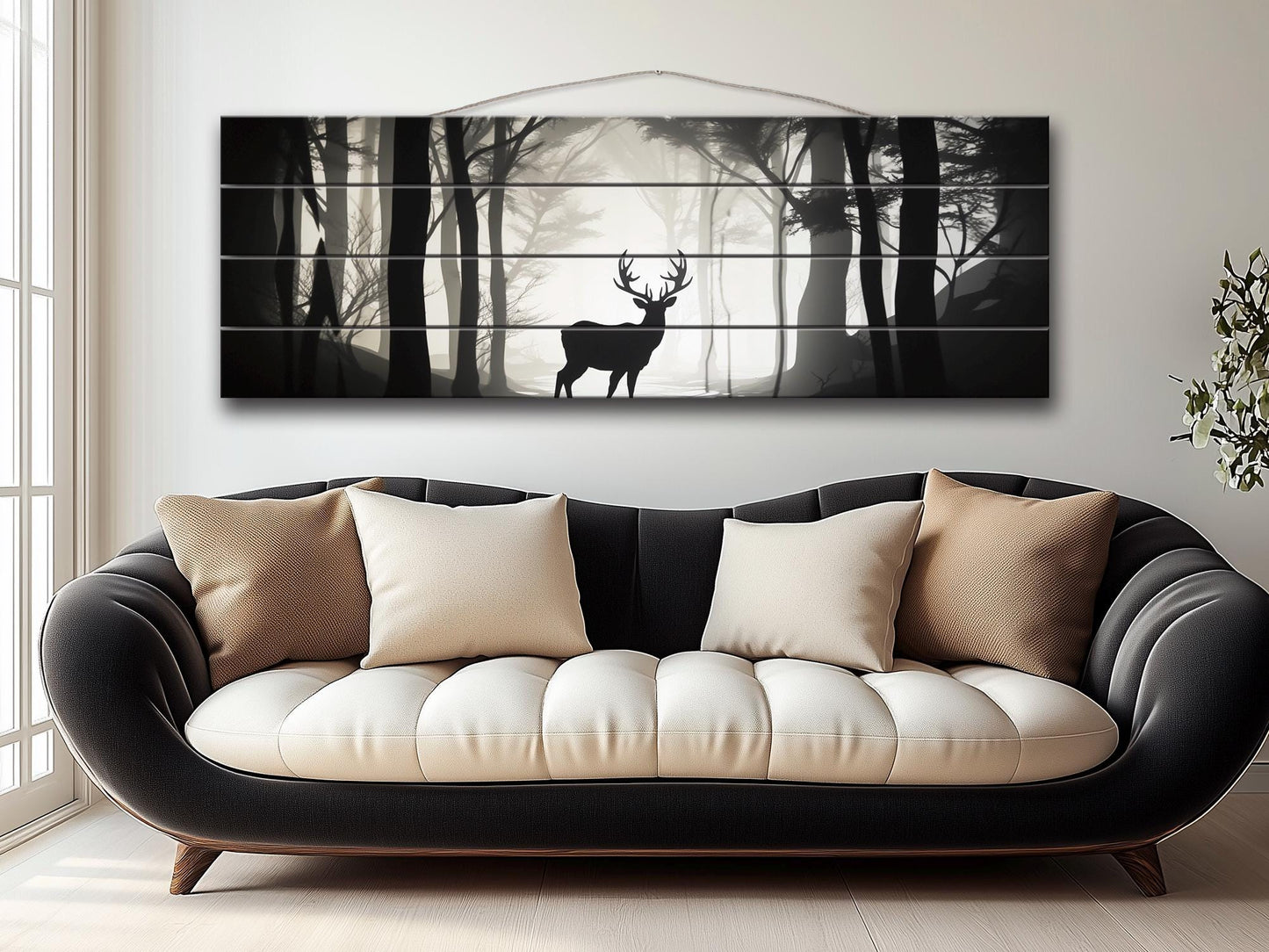 Deer Silhouette in Forest Print On Natural Wood, Woodland Wall Art
