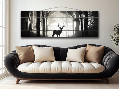 Deer Silhouette in Forest Print On Natural Wood, Woodland Wall Art