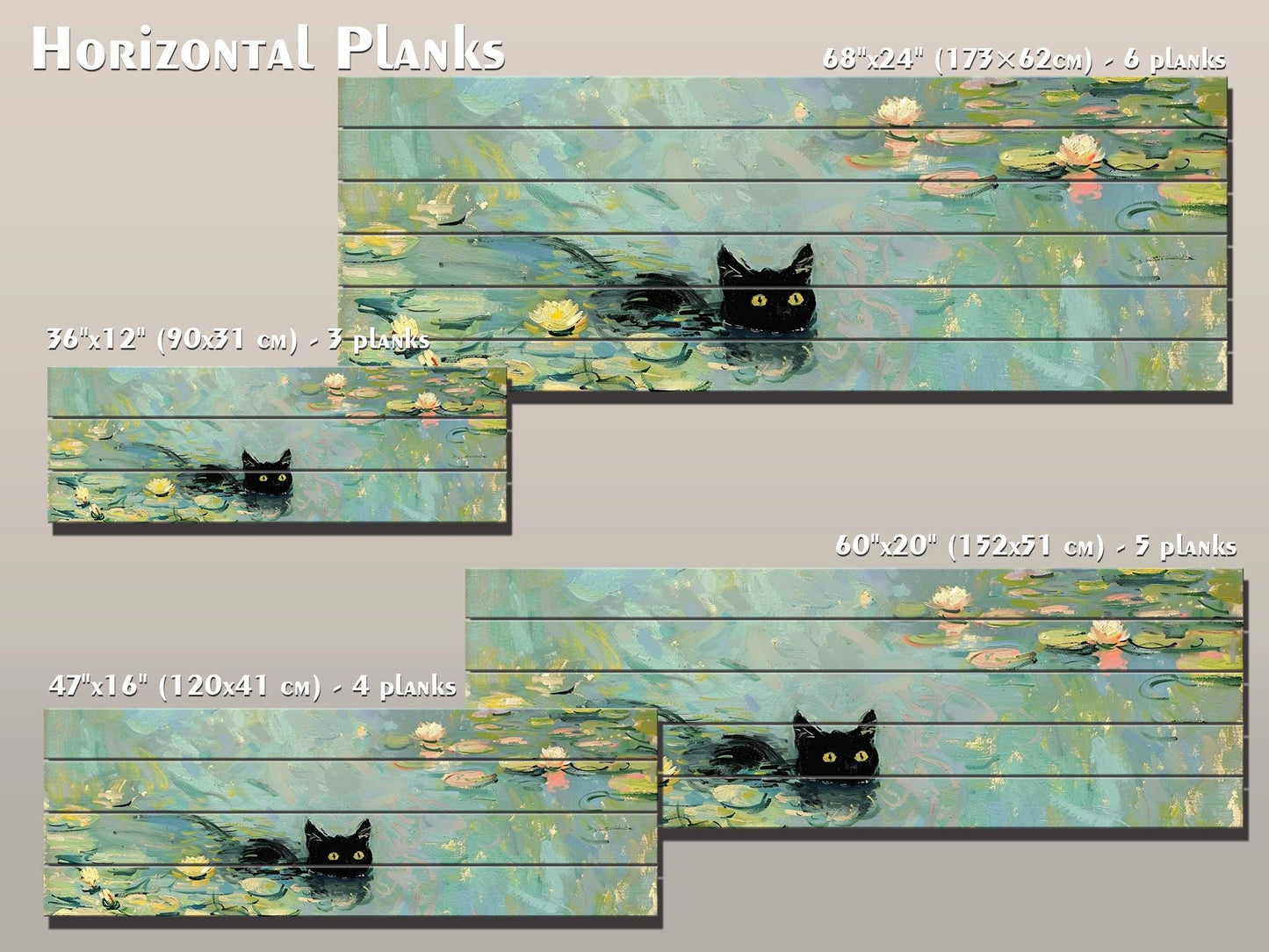 Wood Wall Art - Black Cat Swimming Among Water Lilies | Natural Wood Plank Print