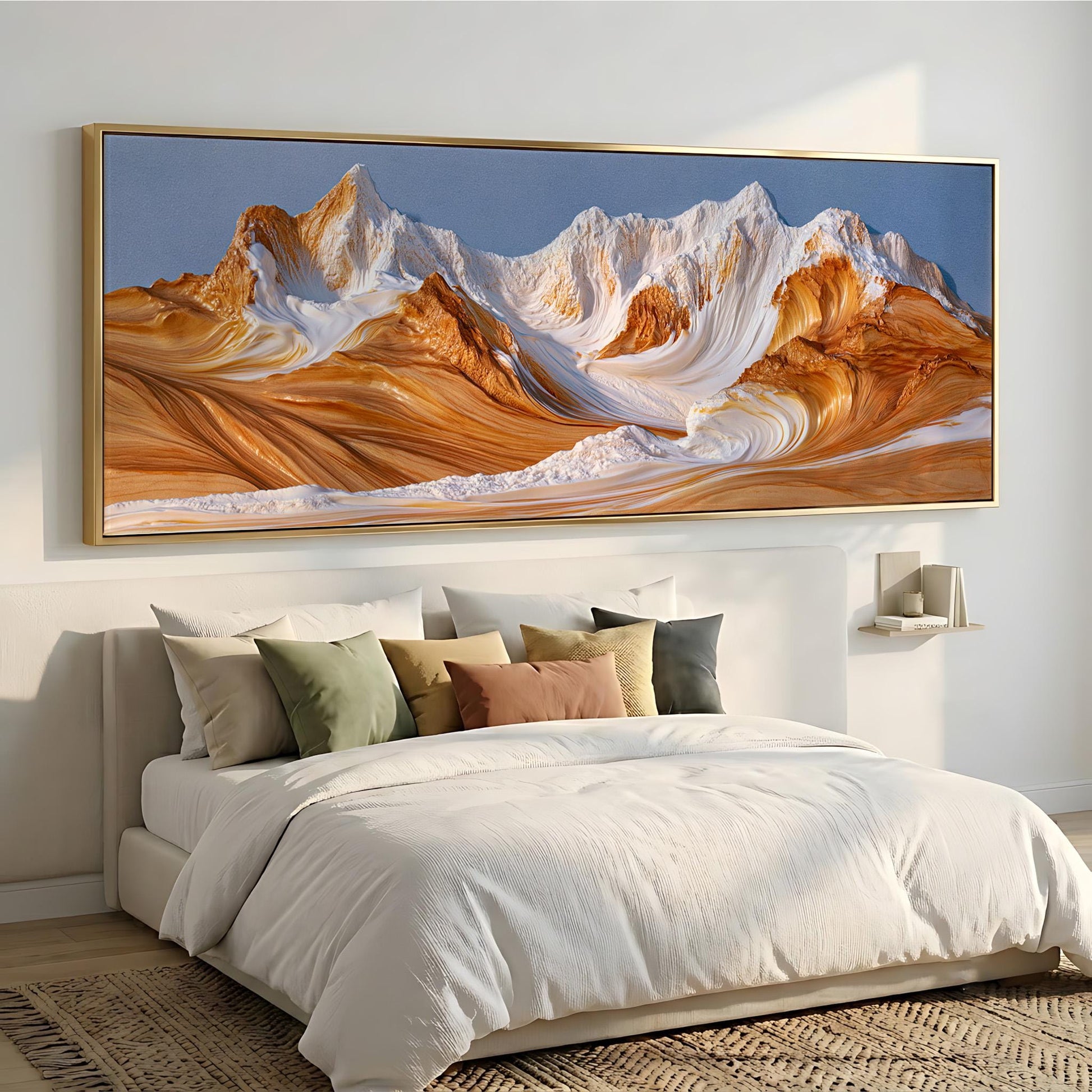 a large, framed painting of a mountain landscape hanging above a bed with white bedding and pillows.