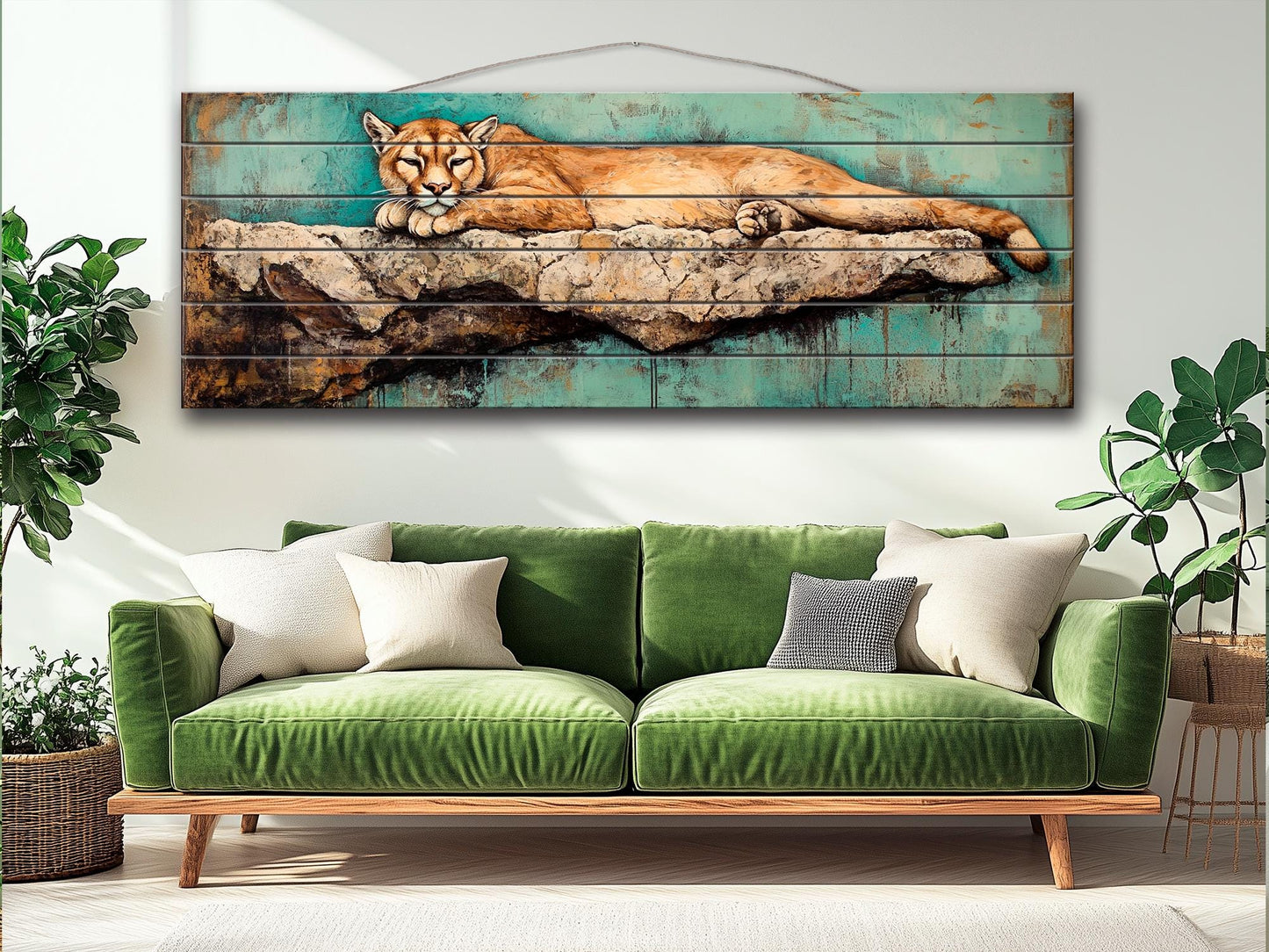 Rustic Wood Wall Art - Mountain Lion on a Rocky Ledge Print on Natural Wood, Lions Wall Art, Mountain Lion Painting, Forest Animals Prints