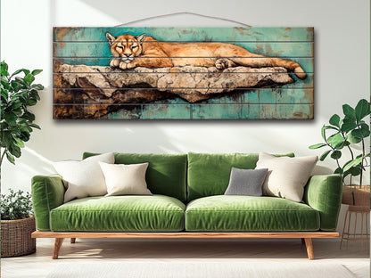 Rustic Wood Wall Art - Mountain Lion on a Rocky Ledge Print on Natural Wood, Lions Wall Art, Mountain Lion Painting, Forest Animals Prints