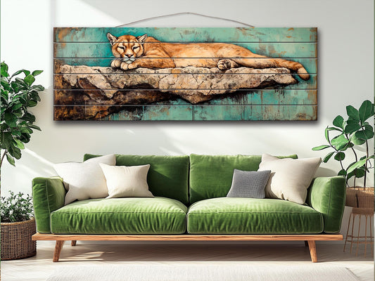 Rustic Wood Wall Art - Mountain Lion on a Rocky Ledge Print on Natural Wood, Lions Wall Art, Mountain Lion Painting, Forest Animals Prints