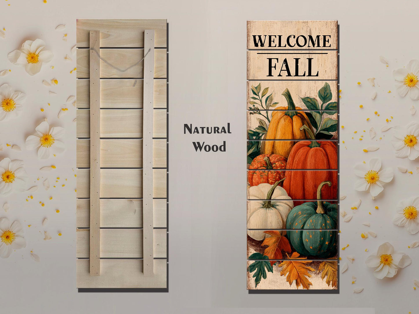 Rustic Wood Wall Art – Welcome Fall Sign with Hand Painted Pumpkins & Cozy Autumn Decor