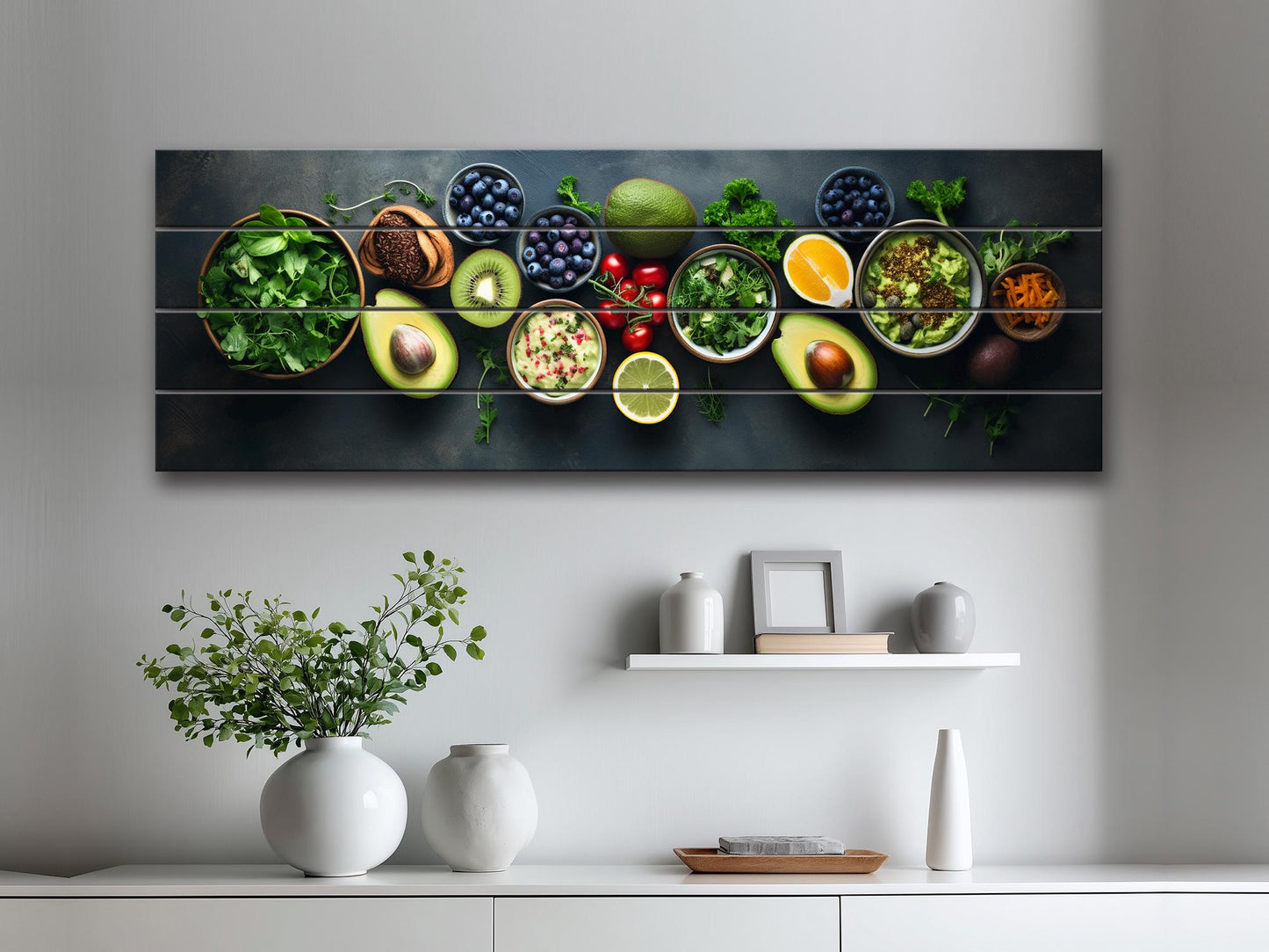 Healthy Food Wall Art – Large Natural Wood Painting | Modern Kitchen Decor