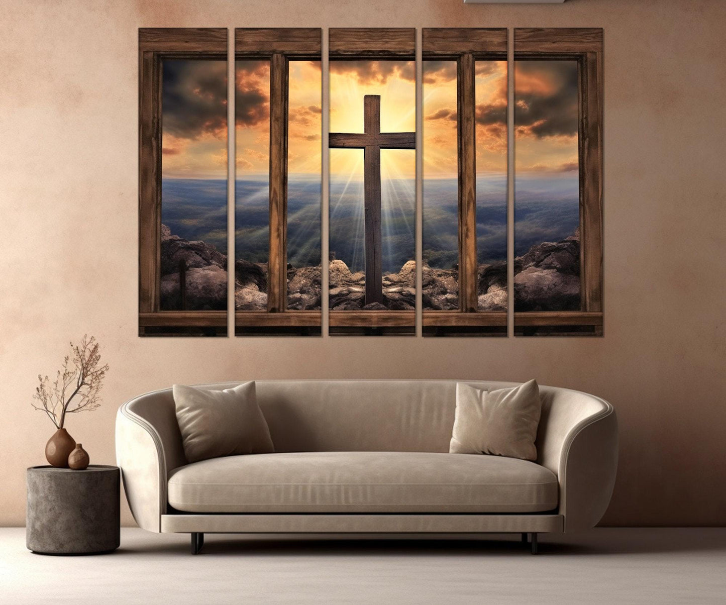 Christian Wall Art – Window with Cross and Mountain View | Framed Canvas Print