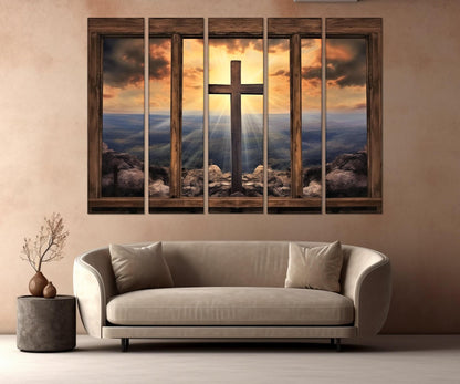 Christian Wall Art – Window with Cross and Mountain View | Framed Canvas Print