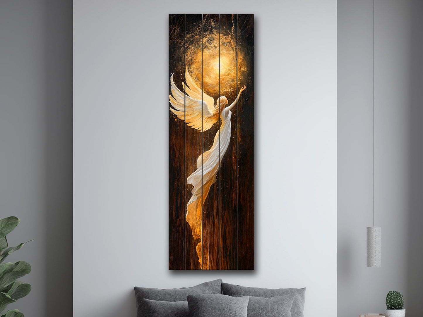 Wood Wall Art – Glowing Angel in White and Gold Robes – Rustic Spiritual Print, Christian Wall Art, Religious Wall Decor