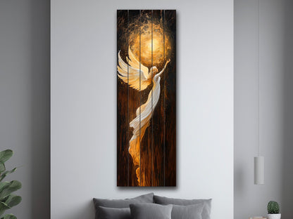 Wood Wall Art – Glowing Angel in White and Gold Robes – Rustic Spiritual Print, Christian Wall Art, Religious Wall Decor