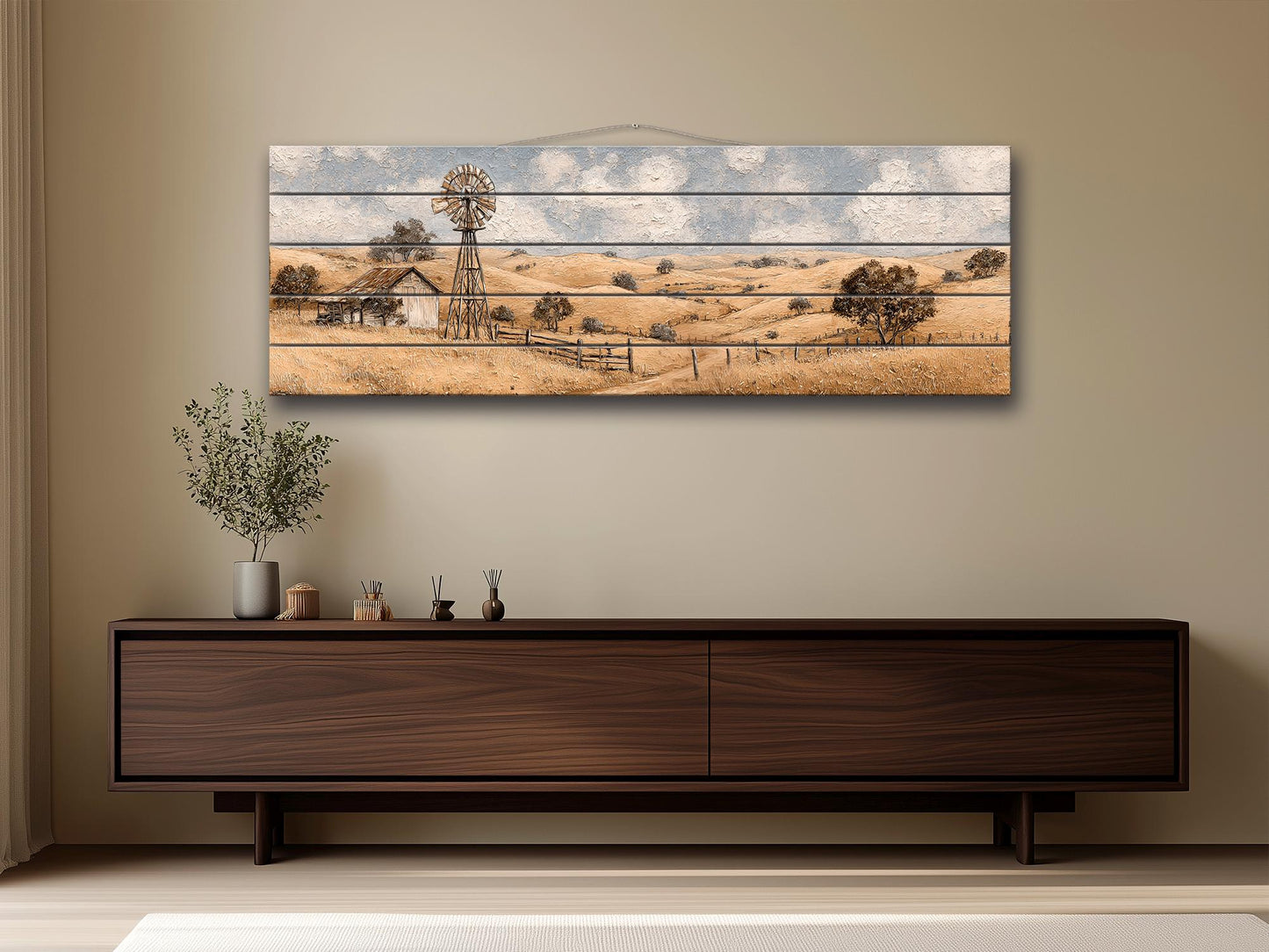 Rustic Farmhouse Wall Art - Wooden Windmill Panoramic Wood Print Decor