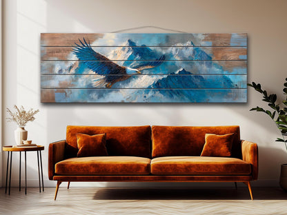 Bald Eagle Wall Art | Rustic Wood Wall Decor - Soaring Mountain Eagle Print