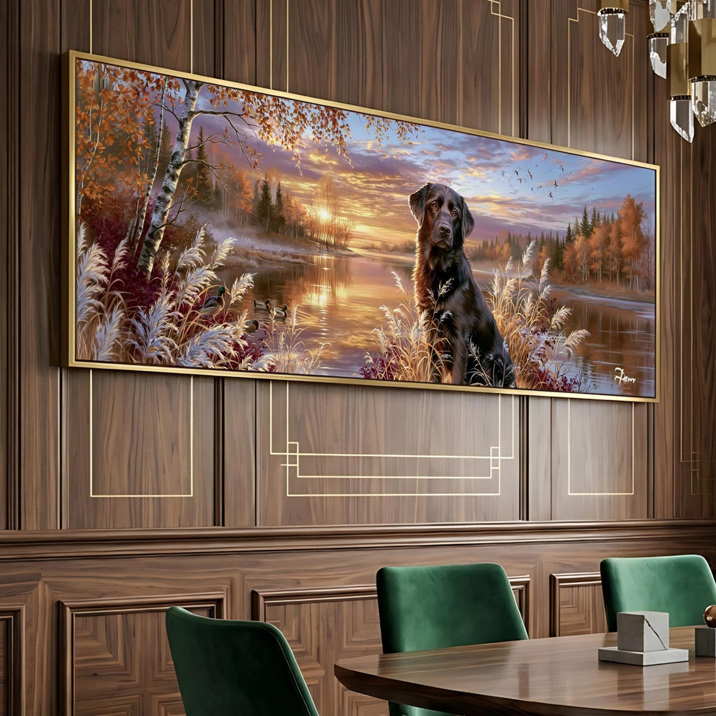 a large painting of a dog sitting in a field with a sunset in the background.