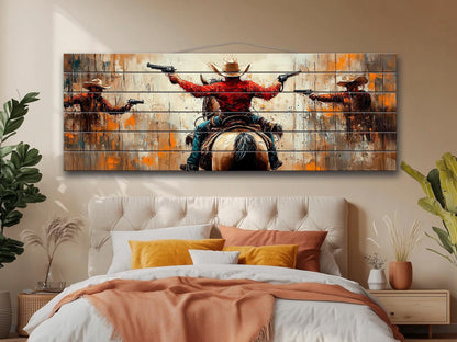 Wild West Wall Art - Retro Style Cowboys Painting Printed on Natural Wood, Western Wall Decor, Western Movie Lover Gift, Wild West Print