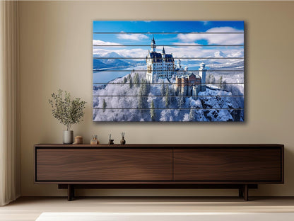 Neuschwanstein Castle Painting – Winter Castle Wall Art on Natural Wood Planks