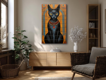 Black Cat Wall Art – Abstract Cat Print on Natural Wood Plank | Egyptian Style Decor