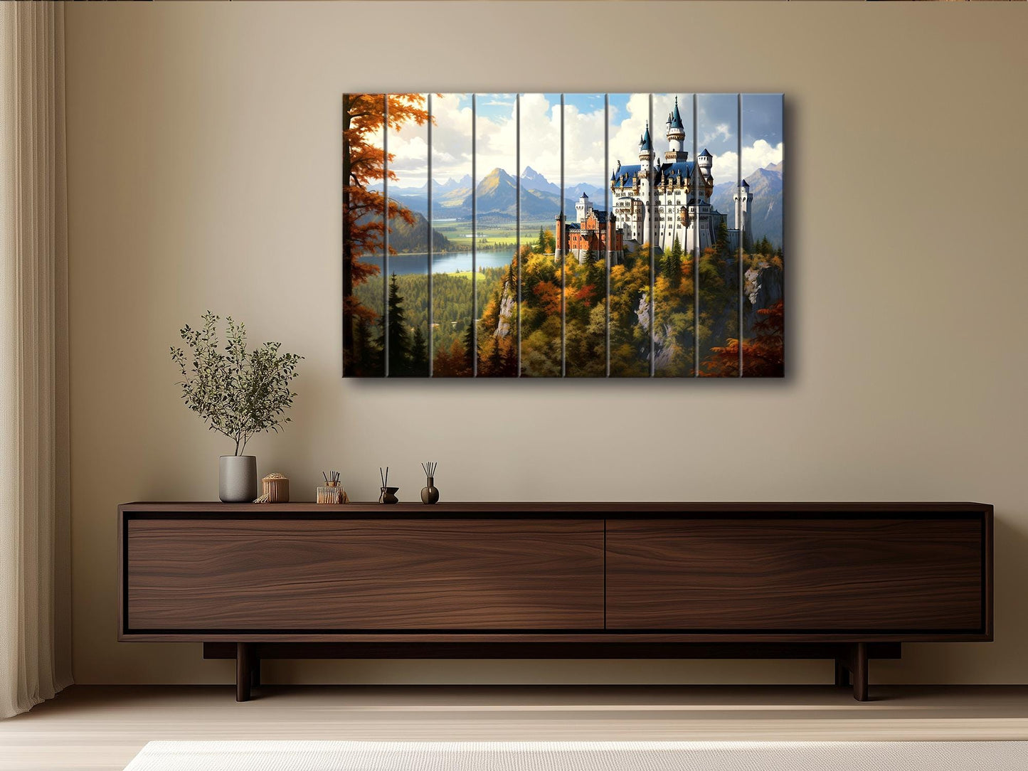 Neuschwanstein Castle Painting | Rustic Wood Wall Art – Natural Wood Print