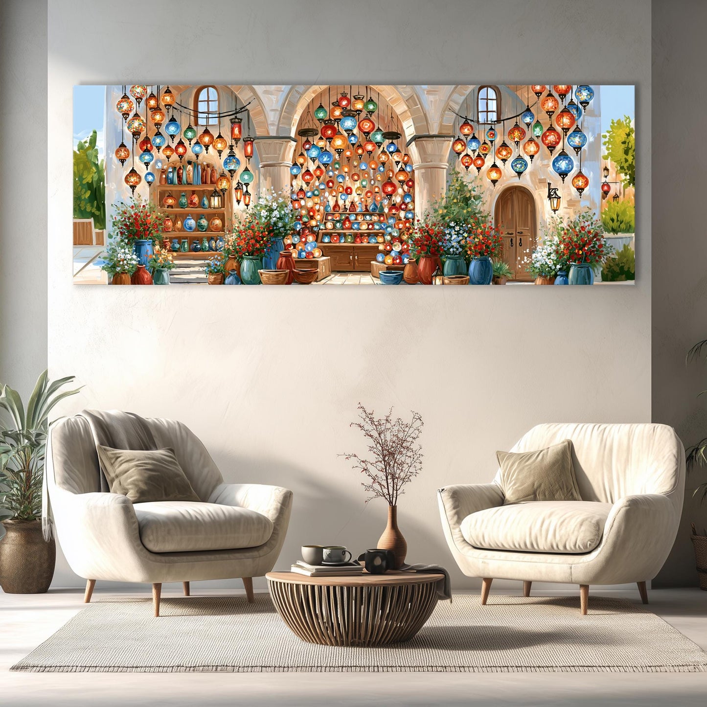 a cozy living room with two white armchairs and a wooden coffee table, set against a backdrop of a large, colorful painting of a courtyard with hanging lanterns and potted plants.