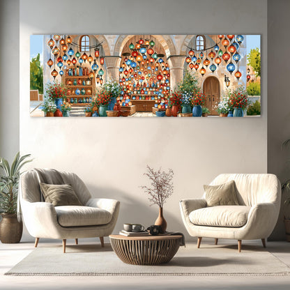 a cozy living room with two white armchairs and a wooden coffee table, set against a backdrop of a large, colorful painting of a courtyard with hanging lanterns and potted plants.