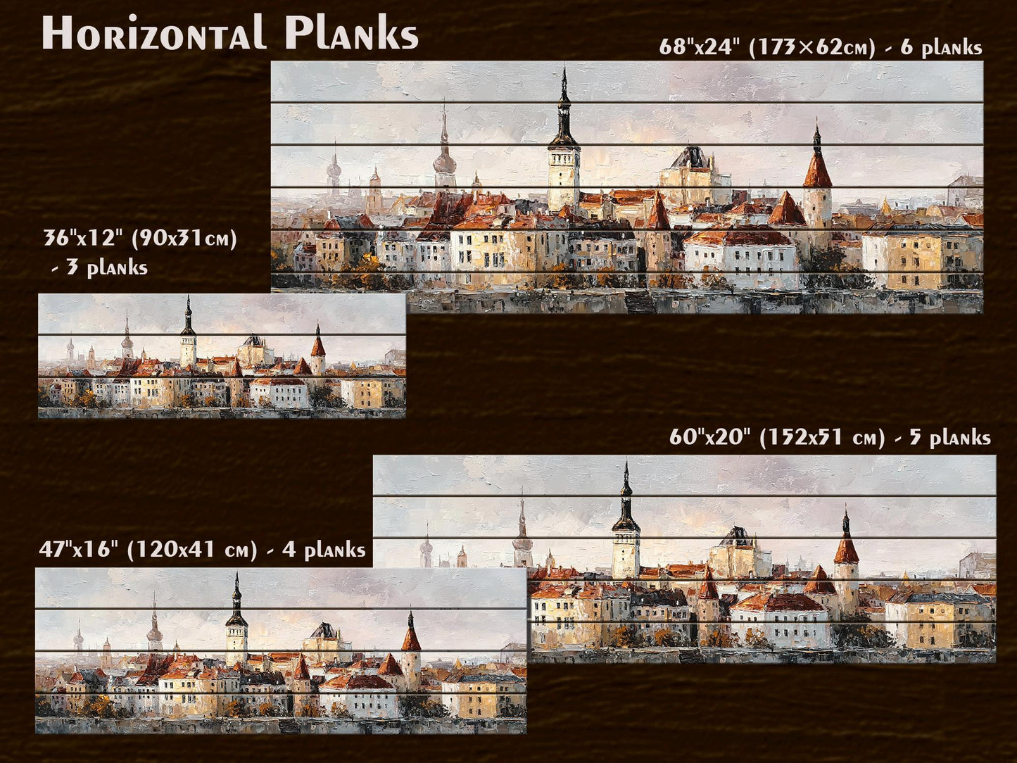 Tallinn Wood Print – Rustic Wall Art With Beige Morning Skyline on Distressed Wood