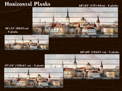Tallinn Wood Print – Rustic Wall Art With Beige Morning Skyline on Distressed Wood