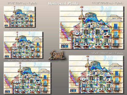 Casa Batlló In Barcelona by Antoni Gaudí Painting Printed on Natural Wood, Barcelona Wall Art, Casa Dels Ossos Print, Wood Wall Art