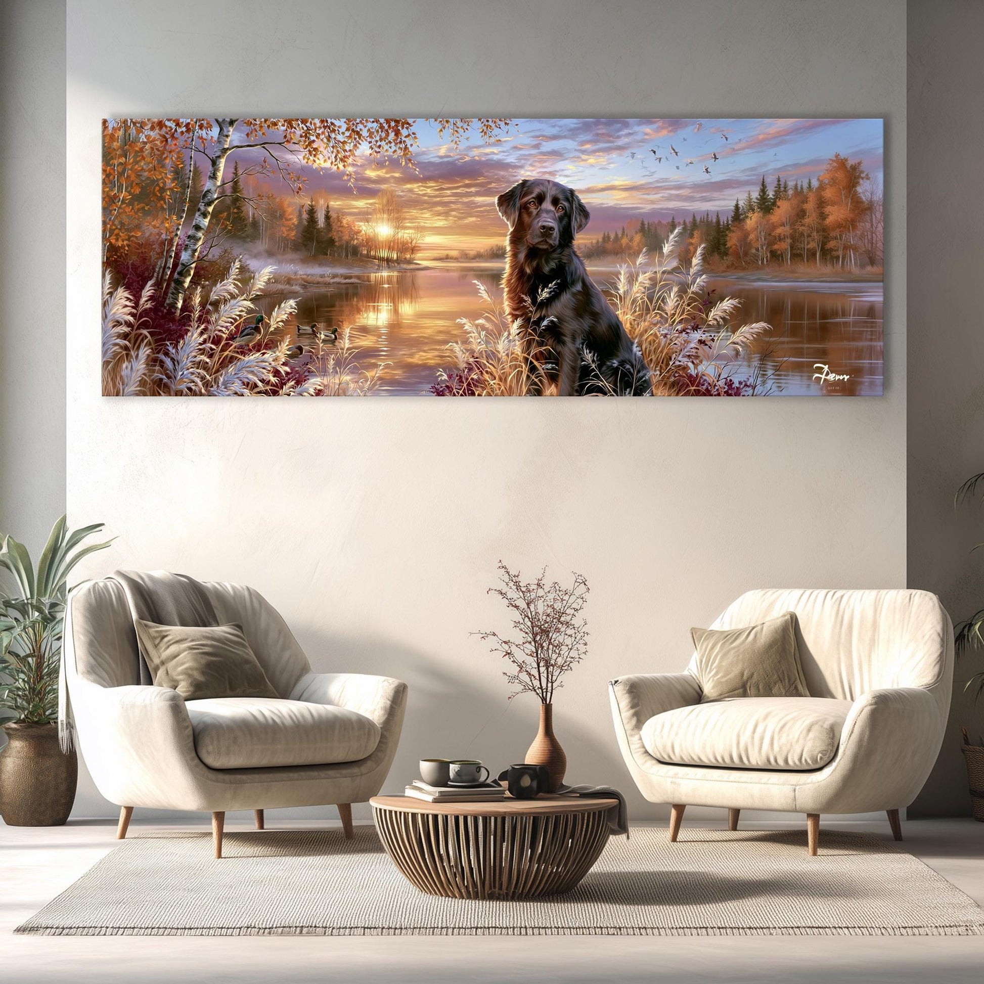 a large painting of a dog sitting in a forest setting, with a lake and trees in the background. The painting is hung on a wall above a seating area with two white chairs and a coffee table.