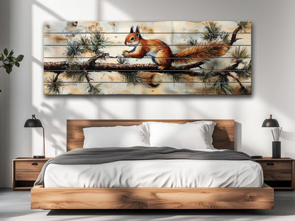 Rustic Wood Wall Art – Squirrel on Pine Branch | Natural Wood Print Decor