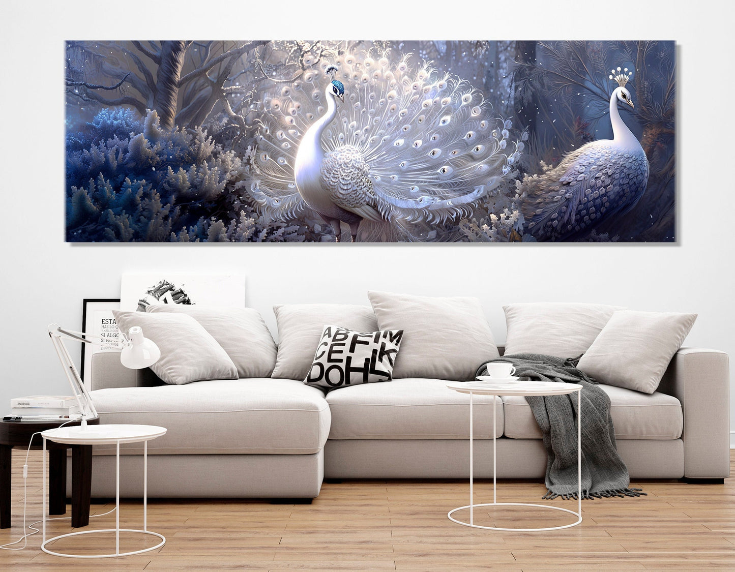 Peacocks Canvas Print – White Silver Fantasy Painting | Framed Gallery Wrapped Art