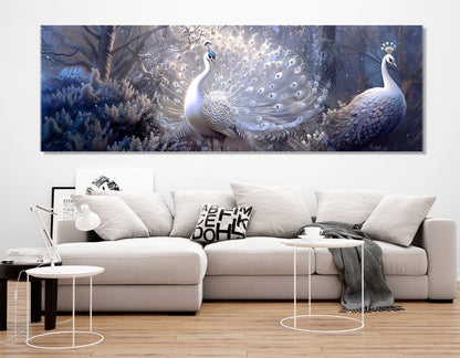 Peacocks Canvas Print – White Silver Fantasy Painting | Framed Gallery Wrapped Art