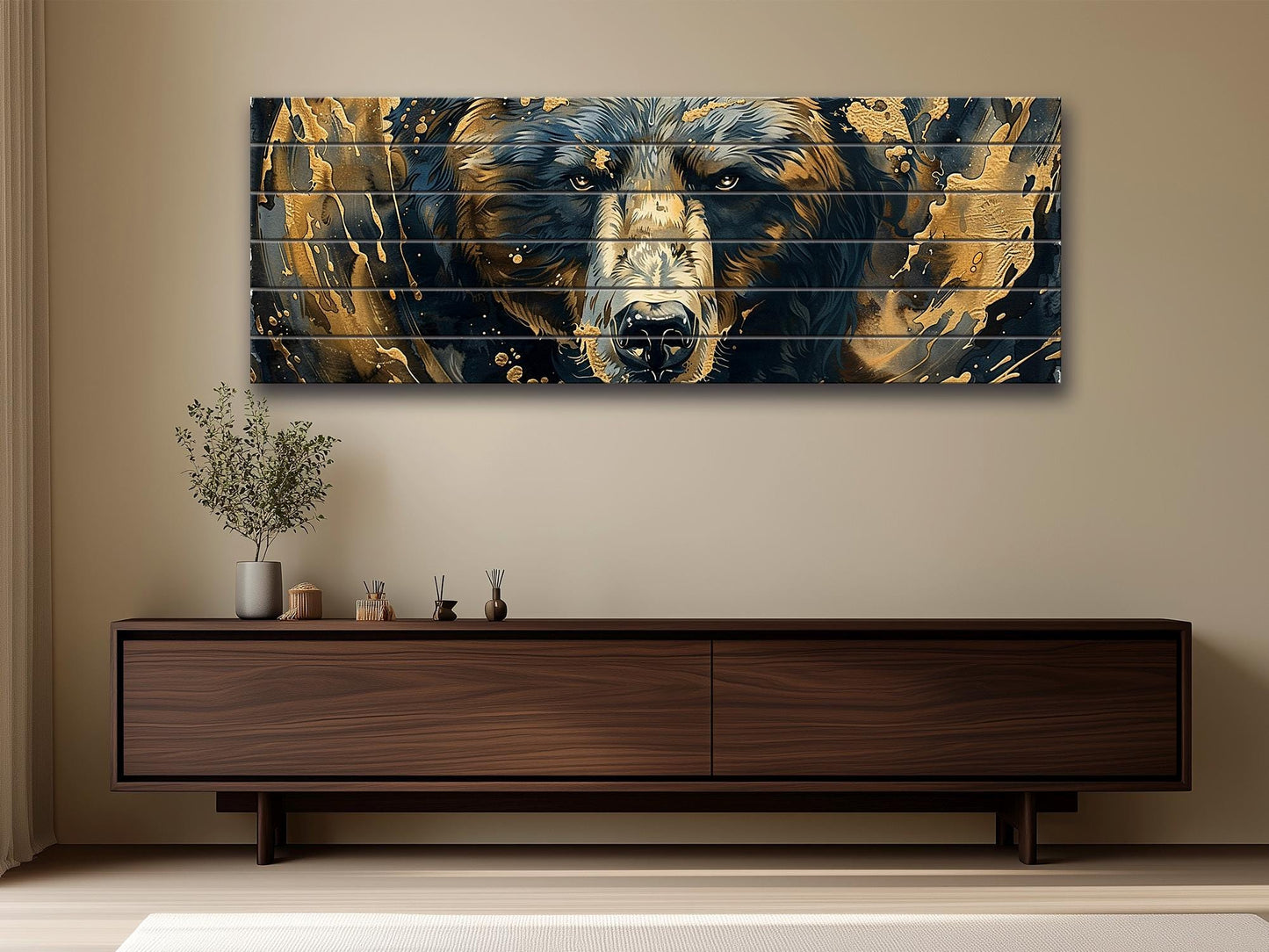 Black Gold Wood Art – Natural Wood Print with Abstract Black and Gold Bears