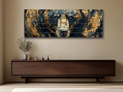 Black Gold Wood Art – Natural Wood Print with Abstract Black and Gold Bears