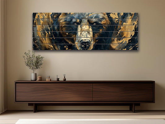 Black Gold Wood Art – Natural Wood Print with Abstract Black and Gold Bears