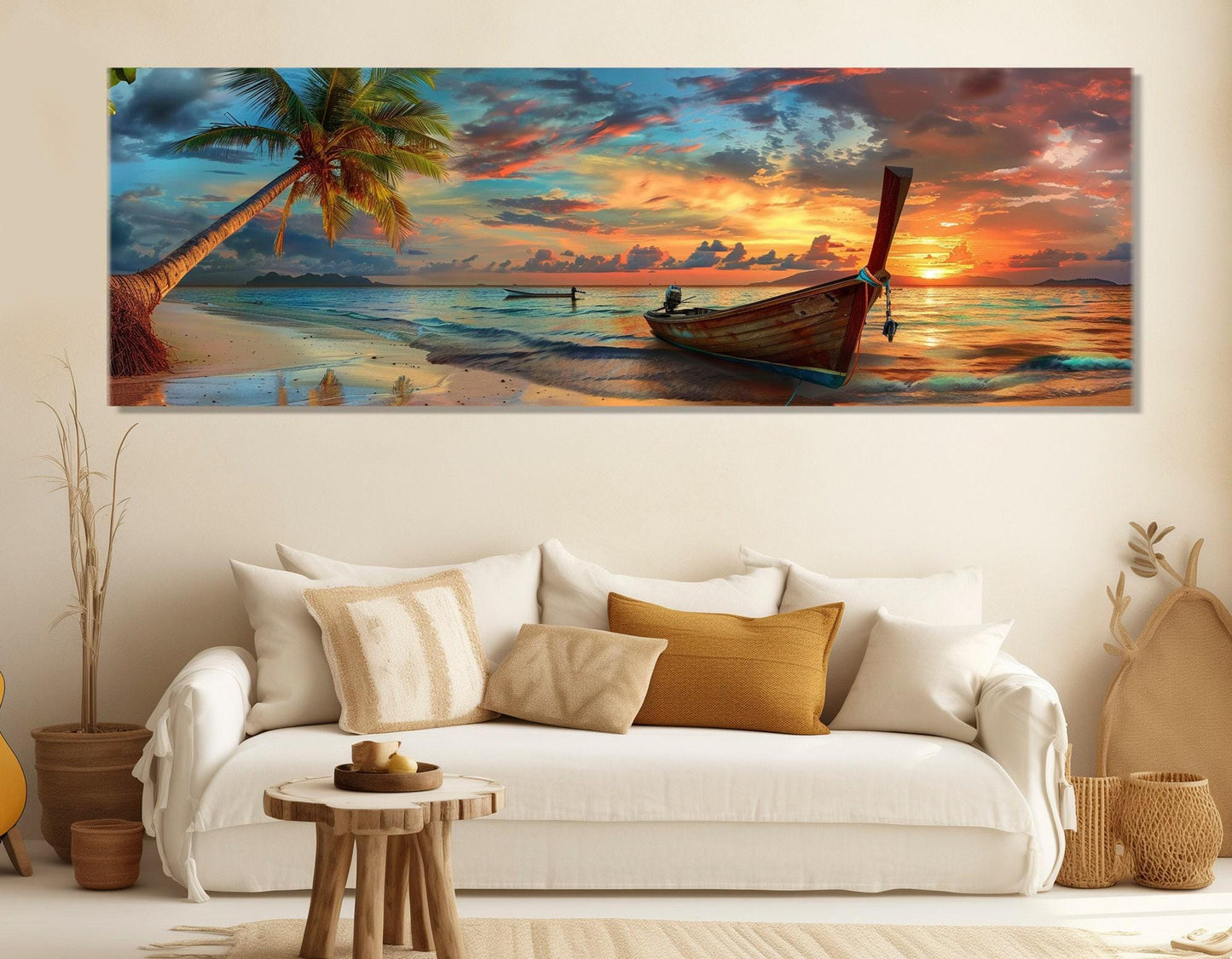 Tropical Sunset Canvas Art - Beach Canvas Print with Palm Tree & Old Boat - Ready to Hang