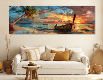 Tropical Sunset Canvas Art - Beach Canvas Print with Palm Tree & Old Boat - Ready to Hang