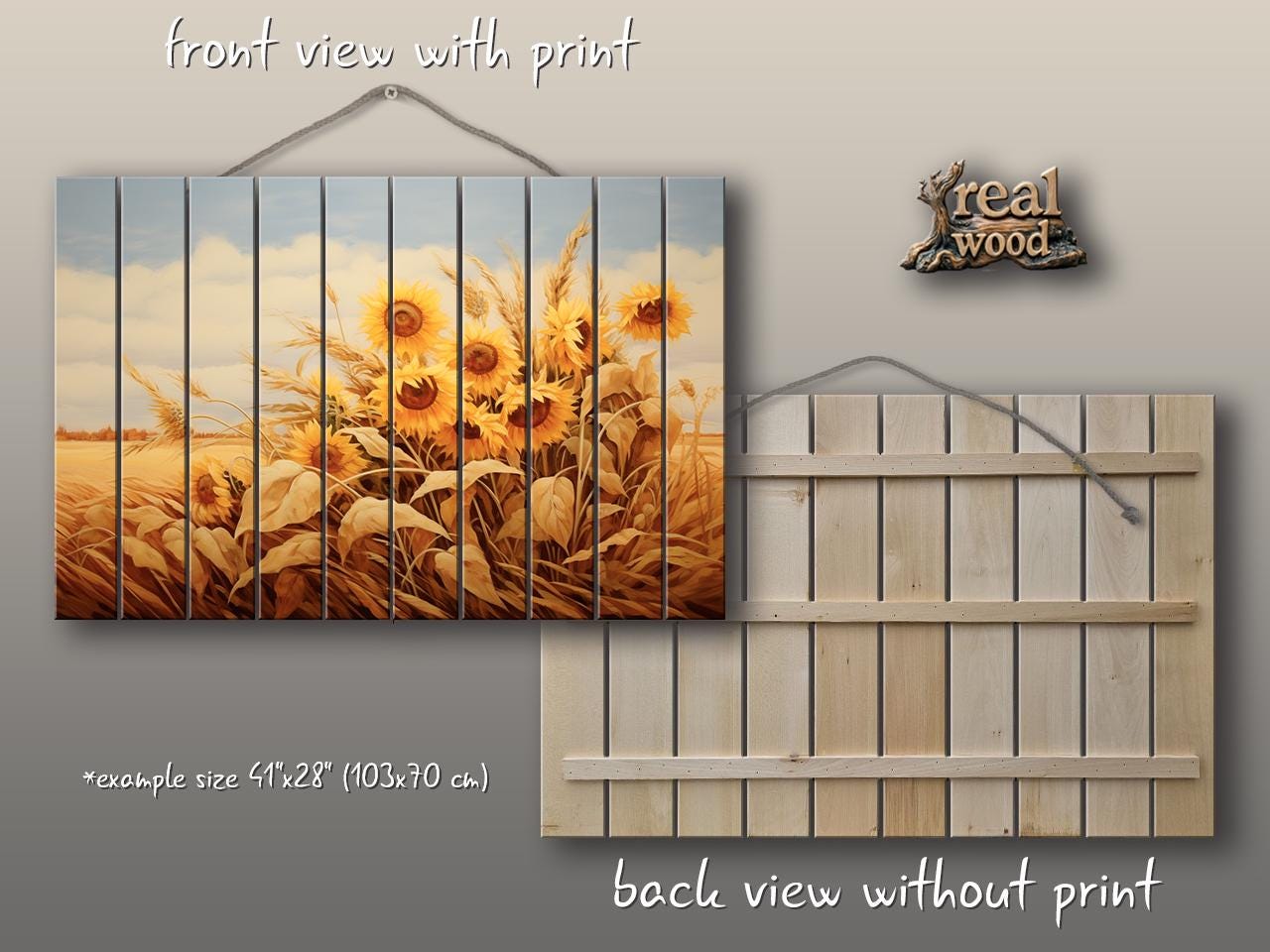 Rustic Print on Wood Wall Art – Sunflower Wall Decor on Smooth Linden Wood Planks