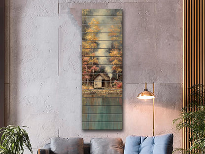 Wood Wall Art - Lakeside Fishing Cabin Wall Art – Autumn Forest Print on Wood – Cozy Lake House Decor, Rustic Natural Wall Decor