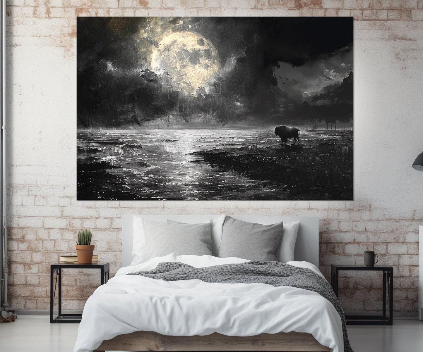 Moon Over Sea Canvas – Post-Apocalyptic Art Bison Print | Framed & Ready to Hang