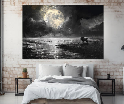 Moon Over Sea Canvas – Post-Apocalyptic Art Bison Print | Framed & Ready to Hang