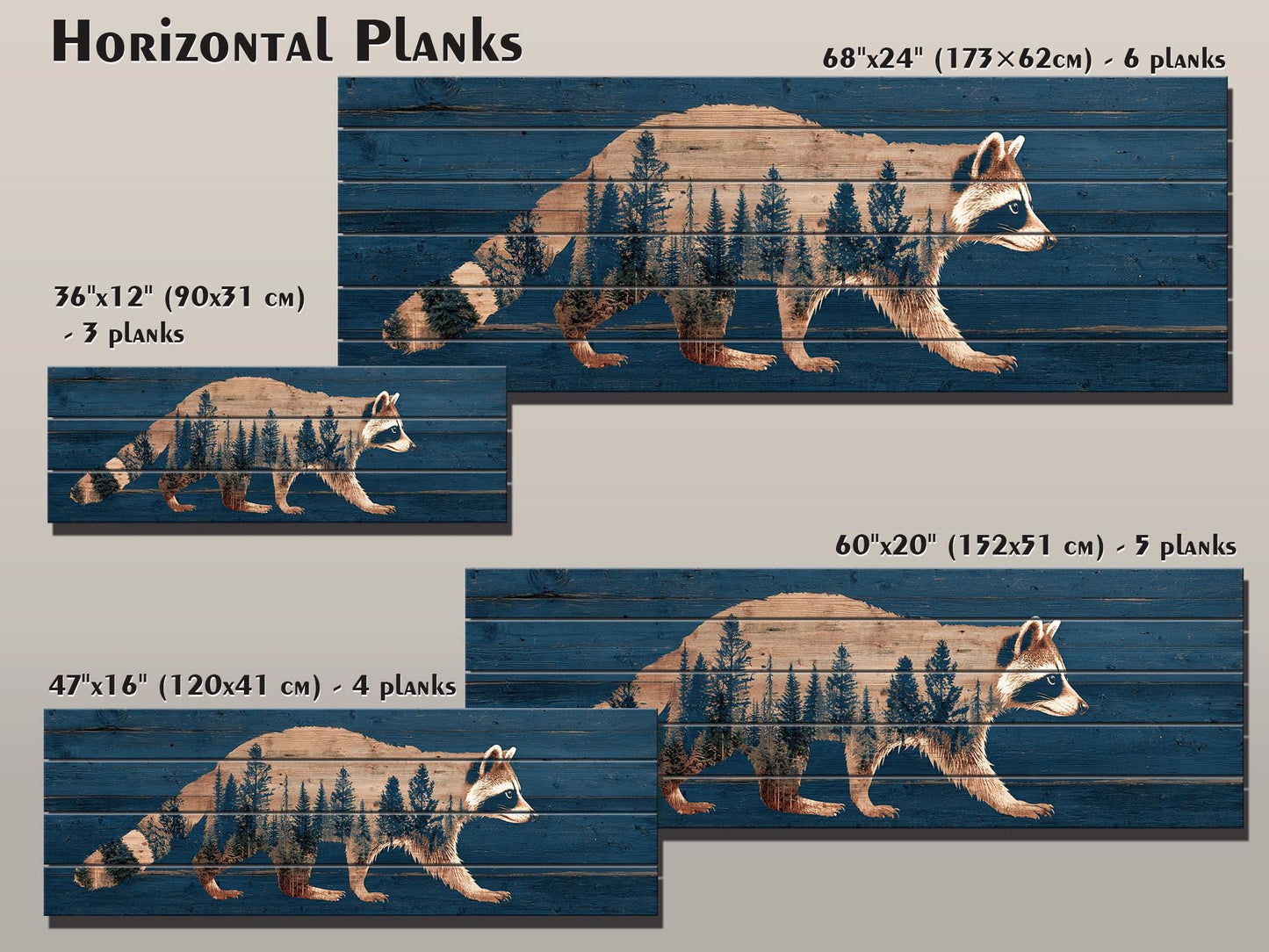 Raccoon Wall Art – Rustic Woodland Forest Silhouette on Natural Wood Planks