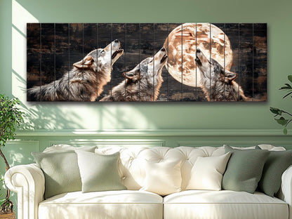 Rustic Wood Wall Art – Howling Wolves Moon Print on Natural Wood | Indigenous Wolf Decor
