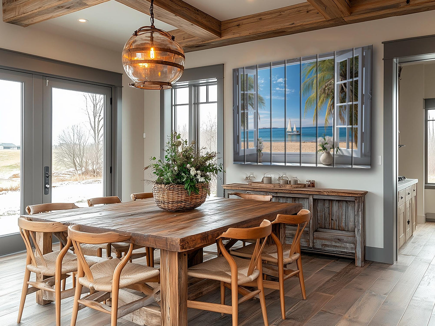 Wood Wall Art – Open Window Sea View Painting on Natural Wood Planks | Nautical Decor