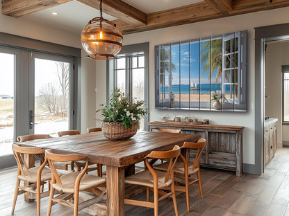 Wood Wall Art – Open Window Sea View Painting on Natural Wood Planks | Nautical Decor