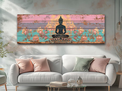 Wood Wall Art – Peaceful Buddha Silhouette with Lotus Flowers Print on Natural Wood, Buddhist Wall Decor, Buddha Painting, Buddhist Gift