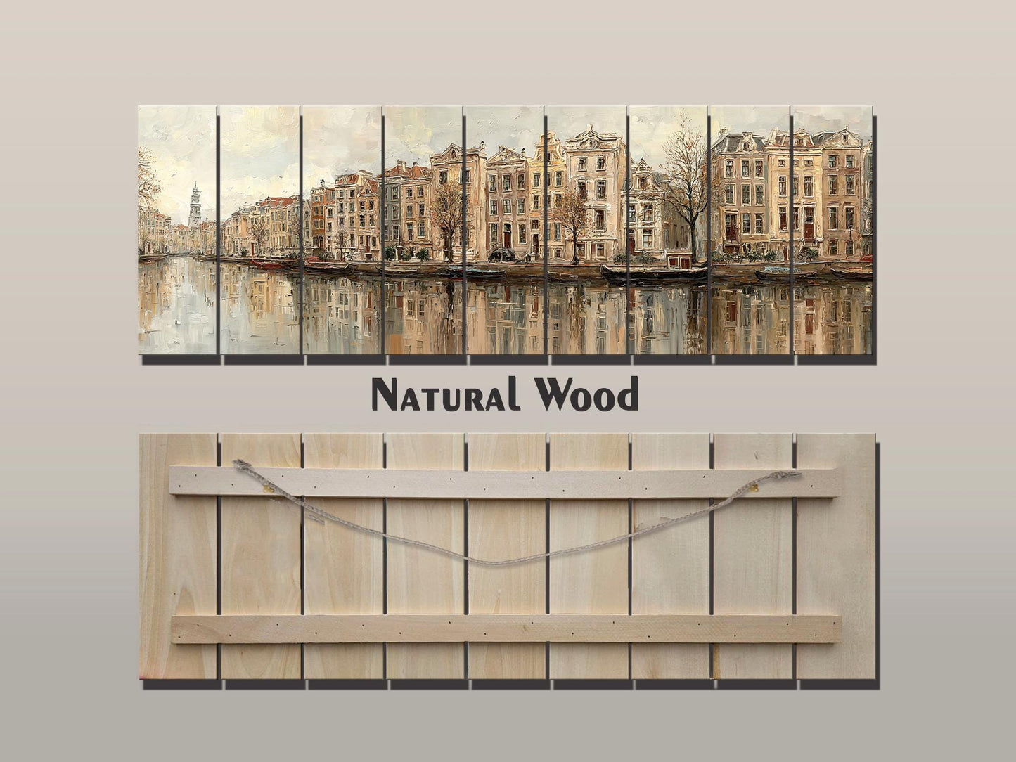 Amsterdam Canal Houses Print – Rustic Wood Wall Art | Beige Panoramic Decor