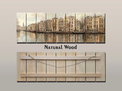 Amsterdam Canal Houses Print – Rustic Wood Wall Art | Beige Panoramic Decor