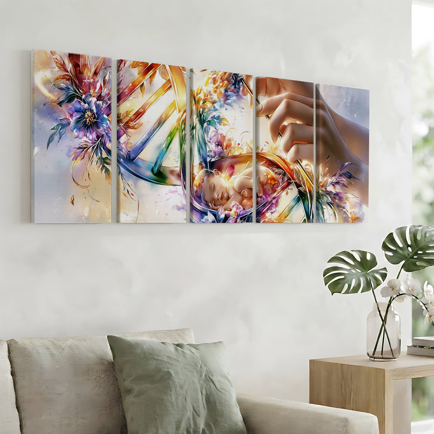 a large, colorful painting of a flower and a person's hand, hanging on a wall above a couch in a living room setting.