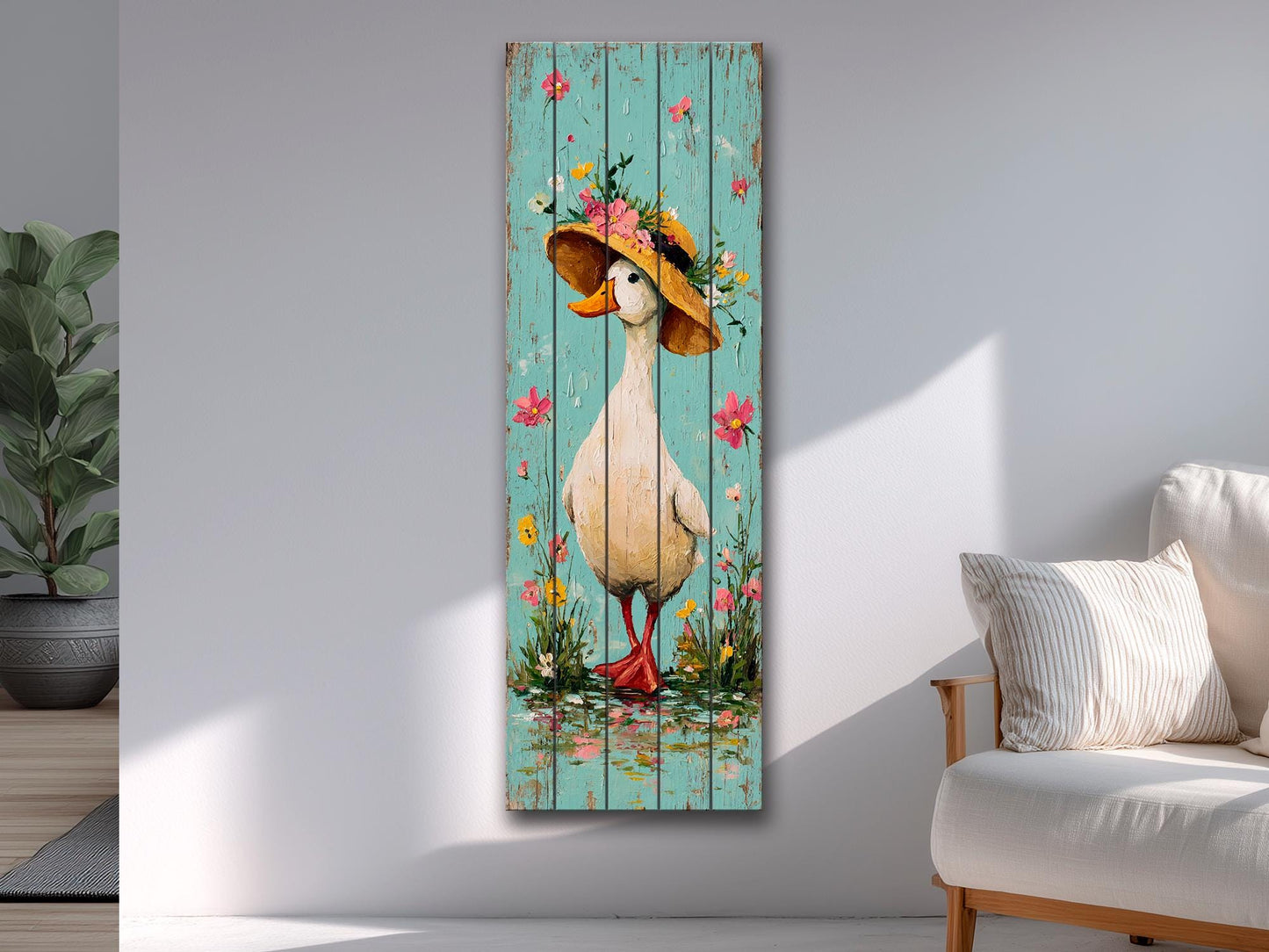 Rustic Wood Wall Art – Country Duck in Hat Printed on Wood – Rustic Spring Wall Art – Farmhouse Animal Decor