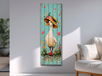 Rustic Wood Wall Art – Country Duck in Hat Printed on Wood – Rustic Spring Wall Art – Farmhouse Animal Decor